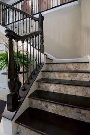 Dark Stair Treads Nearly Black With Tile On Wood Risers Make For An Elegant Yet Functional Look For This Beautiful Stairs Staircase Design Tiled Staircase