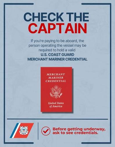 ⚠️ Illegal charter operations are UNSAFE! CHECK THE CAPTAIN 📕 If you're  paying for a boat ride, the captain must have a valid U.S. Coast Guard  Merchant Mariner Credential! Illegal charter operation