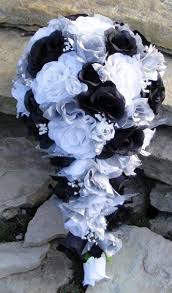 Black And Silver Wedding Bouquet Black White Silver Bouquet Cascade In 2020 Wedding Centerpieces White Silver Wedding Wedding