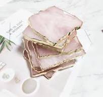 Rose Quartz Decor Coaster, Natural Pink Crystal Coasters Gold Edge Set of 4  (Square 3.5''-4)