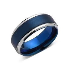 Blue Tungsten Wedding Band Silver Brushed Tungsten Ring 8mm Mens Ring Tungsten Carbide Engagement Band Comfort Fit Wedding Rings Simple Wedding Rings Vintage Mens Wedding Rings
