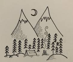 Travel Drawing By Imo Lee Tree Tent Fire Bonfire Flames Fire Pit Smoke Moon Stars Night Forest Mountain Mountains Tent Drawing Travel Drawing Art