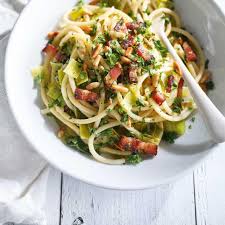 Bucatini With Leek Bacon And Pine Nuts Ricardo Recipe Yummy Pasta Recipes Pasta Dishes Recipes