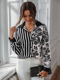 Wocrolse Blouses for Women Button Front Striped & Floral Print Shirt at Amazon Women's Clothing store