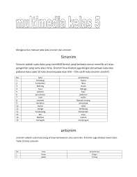 Dapatkan juga sinonim, antonim, kata turunan, dan informasi terkait lain. Mengenal Dan Mebuat Table Kata Sinonim Dan Antonim