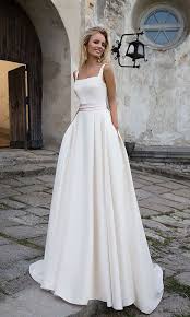 Simple 2018 White Wedding Dresses A Line Square Neckline Modest Satin Bridal Gowns With Pockets Satin Bridal Gowns Wedding Dresses Simple Wedding Dress Inspiration