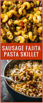 This Tasty And Healthy Sausage Fajita Pasta Skillet Recipe Includes Spicy Italian Pork Sausa Pork Sausage Recipes Turkey Sausage Recipes Ground Sausage Recipes