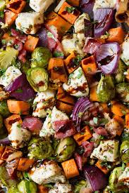 Sheet Pan Chicken Sweet Potatoes And Brussels Sprouts With Bacon And Balsamic Glaze Cooking Sheet Pan Recipes Chicken Sweet Potato Baked Chicken Sweet Potato