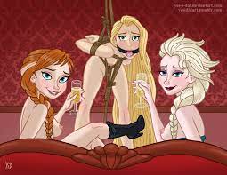 3girls anna (frozen) blonde hair blue eyes bondage braided hair  braided ponytail breasts champagne champagne glass disney disney princess  dominant female elsa (frozen) female female only femdom femsub frozen (