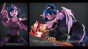 #3020604 - safe, artist:imafutureguitarhero, sci-twi, sunset shimmer,  twilight sparkle, alicorn, classical unicorn, unicorn, anthro, unguligrade  anthro, series:twilight's sexual deviancy, 2 panel comic, 3d, :p, absurd  file size, absurd resolution, adorkable, arm fluff ...