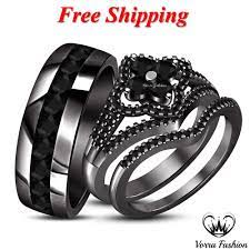 His Her Diamond Engagement Ring Wedding Band Trio Set Black Gold Fn 925 Silver Wedding Ring Trio Sets Black Gold Ring Black Gold Jewelry