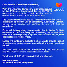 Sync your products, manage your lazada orders and increase sales. Shopee Lazada Temporarily Suspend Logistics Operations Abs Cbn News