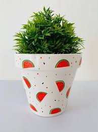 Hand Painted And Decoupaged Terracotta Planter Watermelon S Design In 2020 Painted Flower Pots Flower Pot Design Flower Pots Outdoor