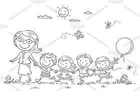Black And White Kids Playing Cartoon Kids And Their Teacher Outdoors Doodle Drawings Cartoon Kids Handmade Scrapbook