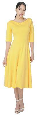 Marycrafts Womens Fit Flare Tea Midi Dress For Office Business Work Yellow Dresses For Work Dresses Midi Dress
