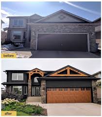 Before And After Makeover New Dark Charcoal Exterior Paint Timber Frame Accent Beams Stone Vene Home Exterior Makeover Exterior House Colors House Makeovers