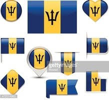 Prescod gestaltet, und zeigt drei senkrechte streifen in blau, gelb und blau, sowie den schwarzen dreizack in. Barbados Flagge Auflistung Clipart Bilder Vektor
