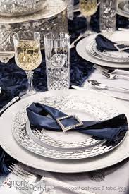 Navy Blue And Silver Natalia Table Setting Smartyhadaparty Com Silver Table Settings Blue Table Settings Wedding Table Settings