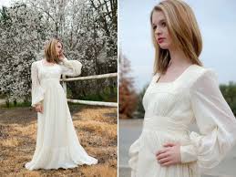 Bishop Sleeve Wedding Dress Vintage 1960s Ivory White Boho Wedding Dress Empire Waist Long Sheer Princess Empire Waist Wedding Dress Empire Wedding Dress Bohemian Style Wedding Dresses