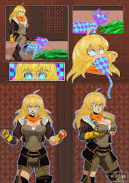 cm artist, curious cat (rwby), yang xiao long, rwby, breast hold, 1girl,  ahoge, ass, belt, blonde hair, blue eyes, blush, boots, breasts, cat,  cleavage, close-up, corruption, dark persona, english text, evil smile,