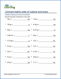 There are 1000 grams (g) in 1 kilogram (kg): Grade 6 Measurement Worksheet Metric Volumes And Weights Decimals K5 Learning