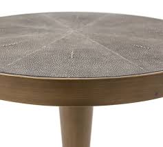 A vintage pedestal table, with two round shagreen tops, each raised on a metal base styled as chain link. Sillers 22 Round Shagreen End Table Pottery Barn
