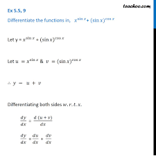 For example, to calculate online the derivative of the product of the following functions `x^2*cos(x)`, with the differentiate calculator enter derivative_calculator(`x^2*cos. Ex 5 5 9 Differentiate X Sin X Sin X Cos X Chapter 5 Class 12