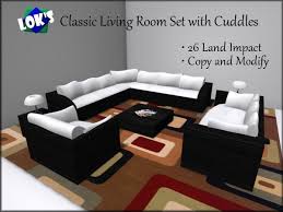 Living room furniture set includes a sofa and armchairs, pouffes, pillows, accent chairs or side tables. Second Life Marketplace Lok S Classic Living Room Set With Cuddles Black White