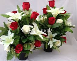 Preferably fabric (but some plastic ones can be done well the next step is to arrange them the same way you would real flowers, thereby adding to the lifelike quality of the whole arrangement. Silk Flowers Grave Pot Artificial Arrangement All Round Memorial Faux Rose