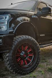 Black And Red Truck Rims 20 Inch Fuel Hardline 20 Inch Red Wheels On The Brand New Ford Diesel F150 Lariat In Black Built By Rad Rides In Dallas Texas Trucks Trucks Lifted Diesel Lifted Trucks