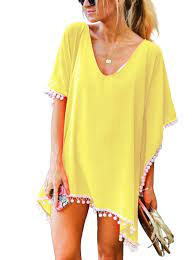 Women S Clothing Swimsuits Cover Ups Tankinis Women S Pom Pom Trim Kaftan Chiffon Swimwear Beach Cover U Swimwear Cover Cover Beachwear Swimwear Cover Ups