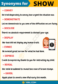 Show Synonym 100 Synonyms For Show With Useful Examples 7 E S L In 2020 Learn English Words English Phrases Learn English Vocabulary