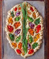 Rainbow Fougasse With Spelt Browned Butter Colby And Provolone Cheeses Red Orange Yellow And Green Bell Peppers Scallions Red O Food Recipes Pretty Food
