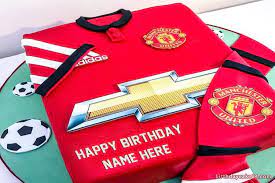 This cake is frosted with smooth white buttercream with red scallop piping, and manchester united logo in edible image.there are fondant soccer balls at the sides. Pin On Birthday Cake With Name Edit