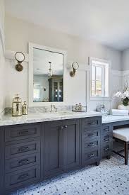 Gorgeous Black And White Bathroom Features An Espresso Bench With A Cream Cushion Placed On Gray Marble Ba White Bathroom Grey Bathroom Cabinets Black Bathroom