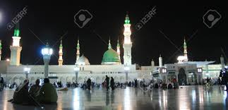 Minarets of the grand and historic prophet's mosque in medina, saudi arabia. A Night View Of Al Masjid An Nabawi In Medina Saudi Arabia Stock Photo Picture And Royalty Free Image Image 143149613