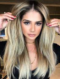 Blonde Highlighted Hair Color With Dark Roots For Brunettes Blondehair Blondes Haircolor Beautytip Dark Roots Blonde Hair Hair Highlights Blonde Hair Color