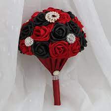 Original handmade wedding bouquet in a blue color with the addition of gray, turquoise and black. Dark Red And Black Wedding Bouquet Artificial Bridal Flowers Burgundy Vanrina