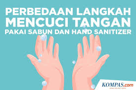 Cuci tangan dengan sabun dan air mengalir atau hand sanitizer. Infografik Perbedaan Langkah Mencuci Tangan Pakai Sabun Dan Hand Sanitizer