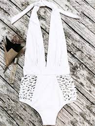 High Waisted Plunge Neck Hollow Out Tummy Control Swimsuit White M Women S One Piece Swimsuits Swimsuits Swimwear