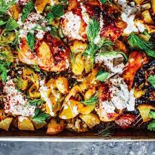 Harissa Chicken With Leeks Potatoes And Yogurt Recipe On Food52 Recipe Sheet Pan Recipes Harissa Chicken Recipes