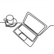 Coffee And Laptop On The Table Vector Continuous Single One Line Drawing Illustration Isolated On White Bac Graphic Poster Art Laptop Drawing Line Art Drawings