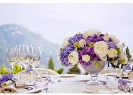From decor to food to dress ideas, find the perfetc balance purple and silver fill a silver vase with purple flowers for a vintage centerpiece idea your guests will love. Summer Wedding Centerpiece With Blue And Purple Flowers Png