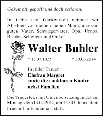 Traueranzeigen von Walter Buhler