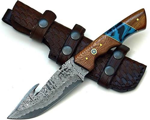 SHOKUNIN USA Damascus Hunting Knife Skinning Knifes with Sheath Leopard Wood Handle - Perfect for Camping, Survival