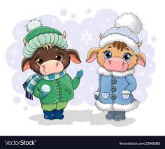 Two Cute Little Cartoon Cows In Winter Clothing Standing In The Falling Snow In Warm Coats Boots Hats And Baby Animal Drawings Winter Cubby Tags Cartoon Cow