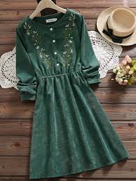 Green Embroidery Long Sleeve Women Dress Embroidery Long Sleeve Dress Dress Shirts For Women Floral Shirt Dress