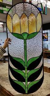 P 180 Stained Glass Hanging Panel Giant Art Deco Tulip Etsy In 2021 Stained Glass Candles Stained Glass Stained Glass Diy