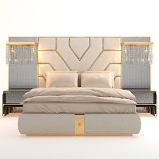 Bedstead And Nightstand With Gold Colored Metal Legs Mirror And Leather Decor Woiss Home
