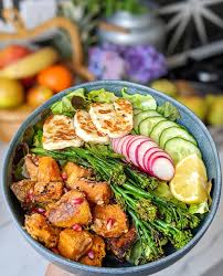 Halloumi Tahini Sweet Potato Buddha Bowl Gf Dfo My Gluten Free Guide Recipe Salad With Sweet Potato Vegan Sweet Potato Vegan Buddha Bowl